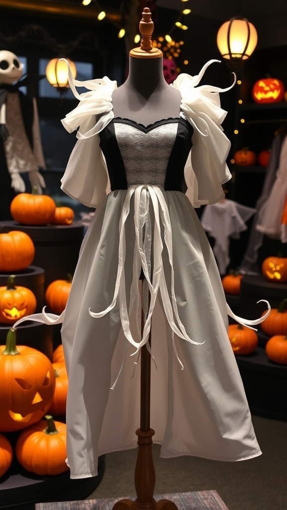 A flowing white dress inspired by Zero from The Nightmare Before Christmas, showcased with Halloween decorations.